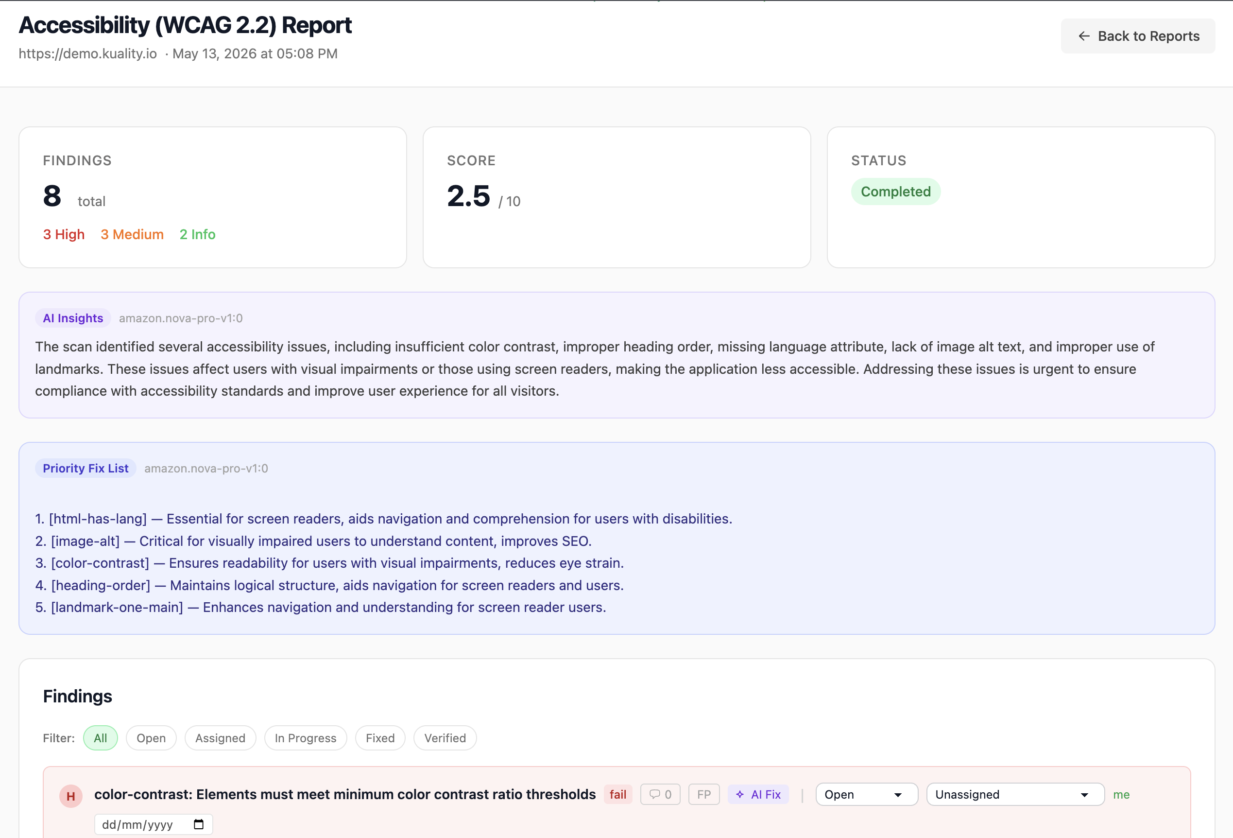AI assistance — a finding with severity, DOM snippet, AI explanation and a one-click code fix tailored to your stack