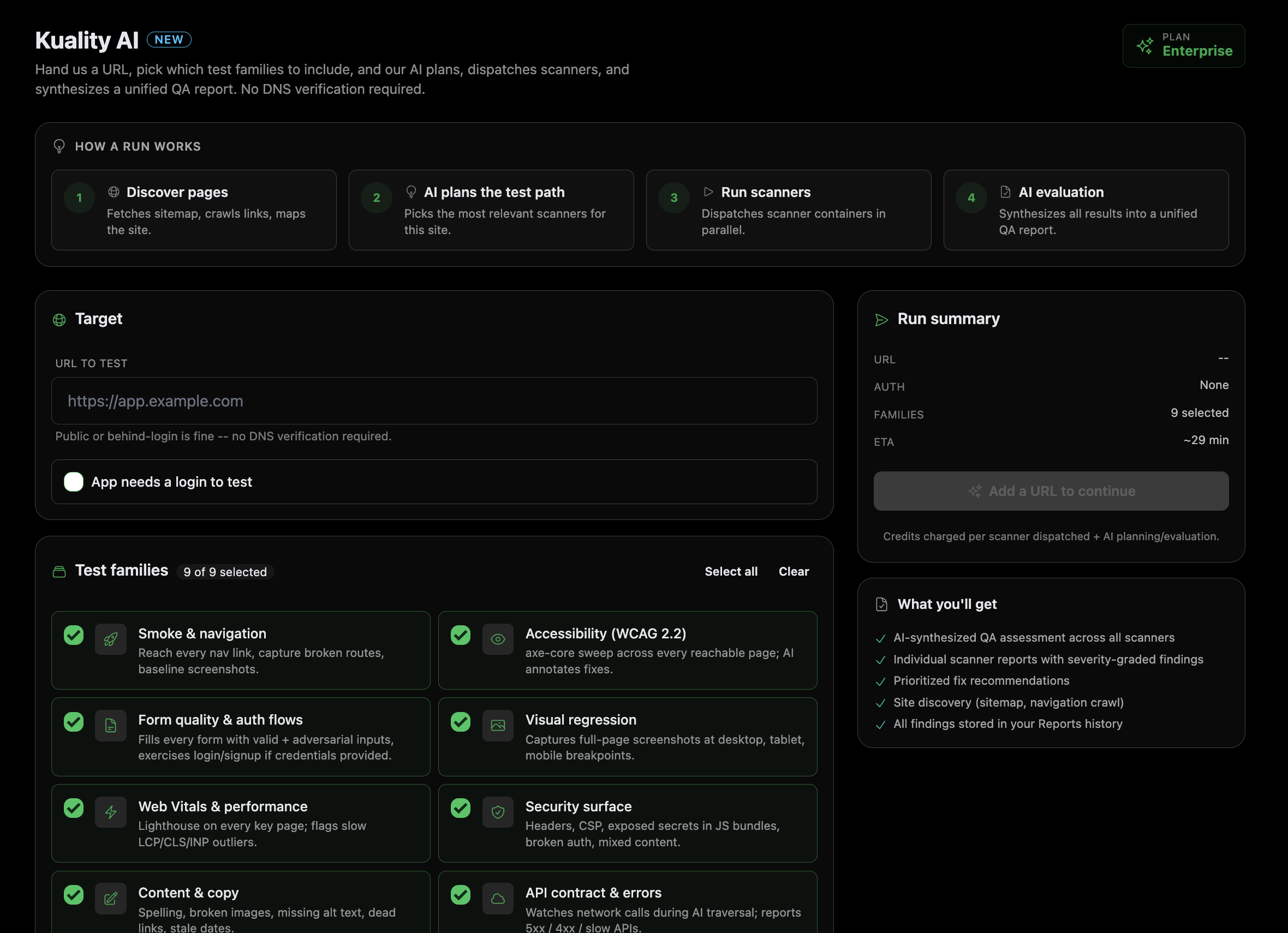 Kuality AI run console — URL, auth, test families, live run progress, and severity-graded findings