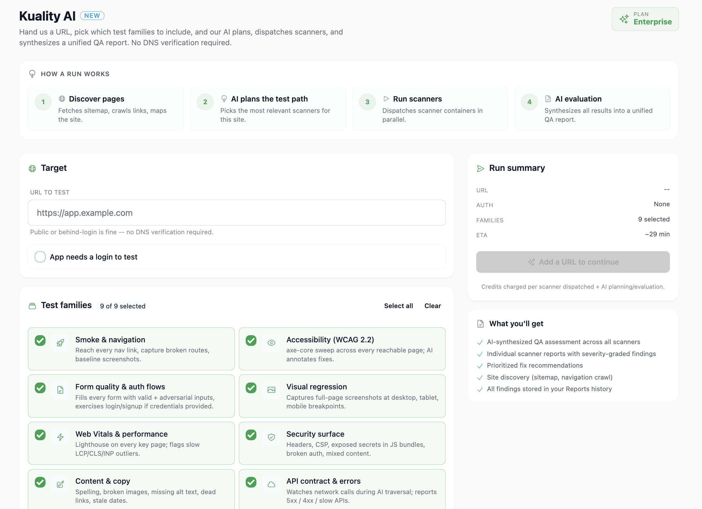 Kuality AI run console — URL, auth, test families, live run progress, and severity-graded findings