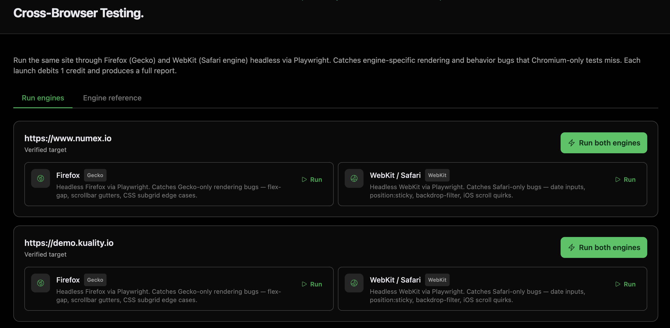 Cross-browser & mobile — parallel test runs across Chromium, Firefox, and WebKit with per-browser console + network logs