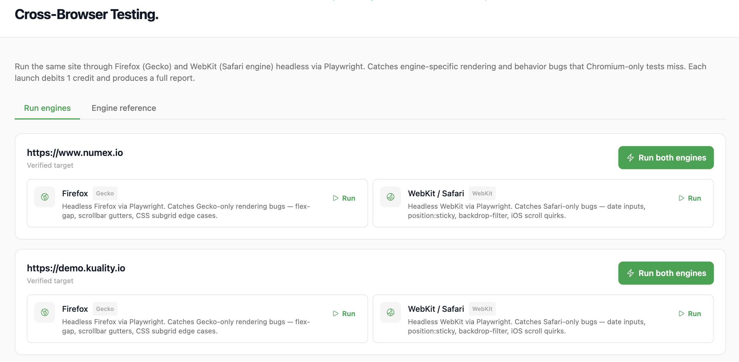 Cross-browser & mobile — parallel test runs across Chromium, Firefox, and WebKit with per-browser console + network logs