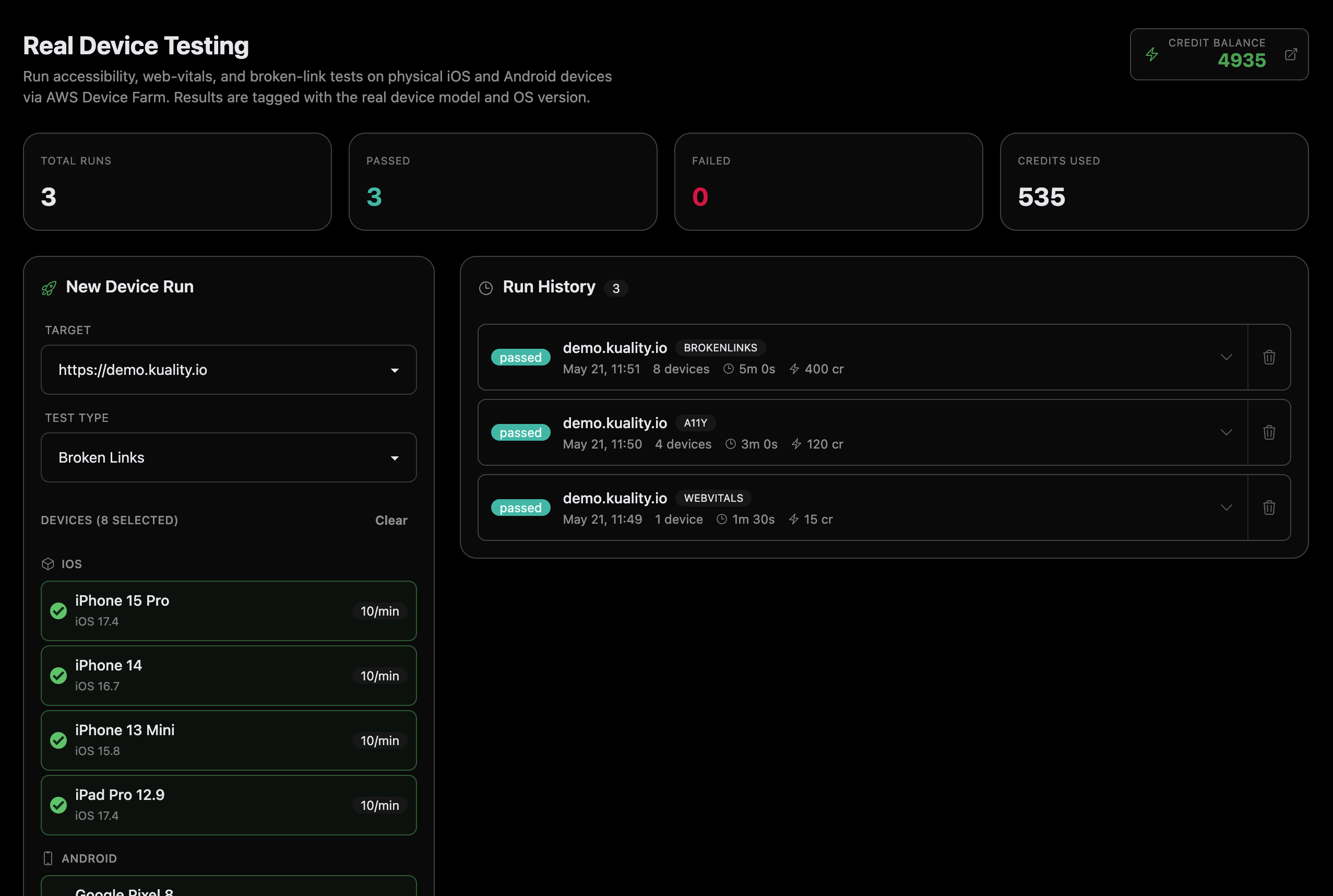 Real device testing — pass/fail matrix across iOS and Android handsets
