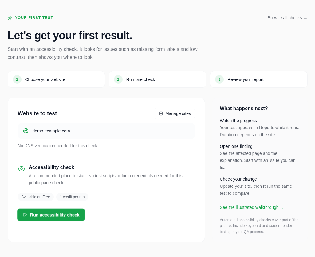 The guided first-test screen with a saved example website, an accessibility check, and the Run accessibility check button.