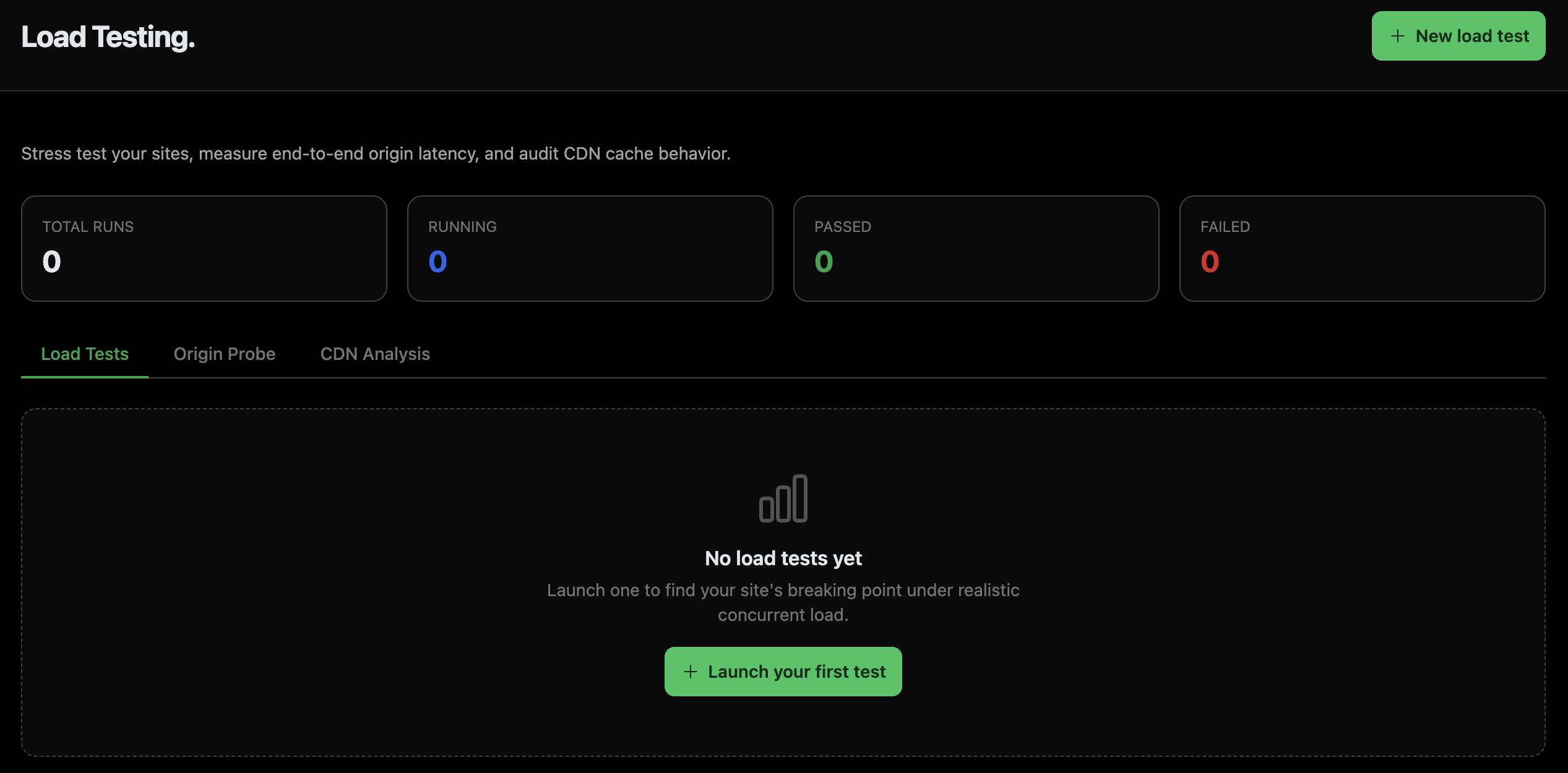 Stress testing — live RPS, p95 latency, and error rate during a ramped load run