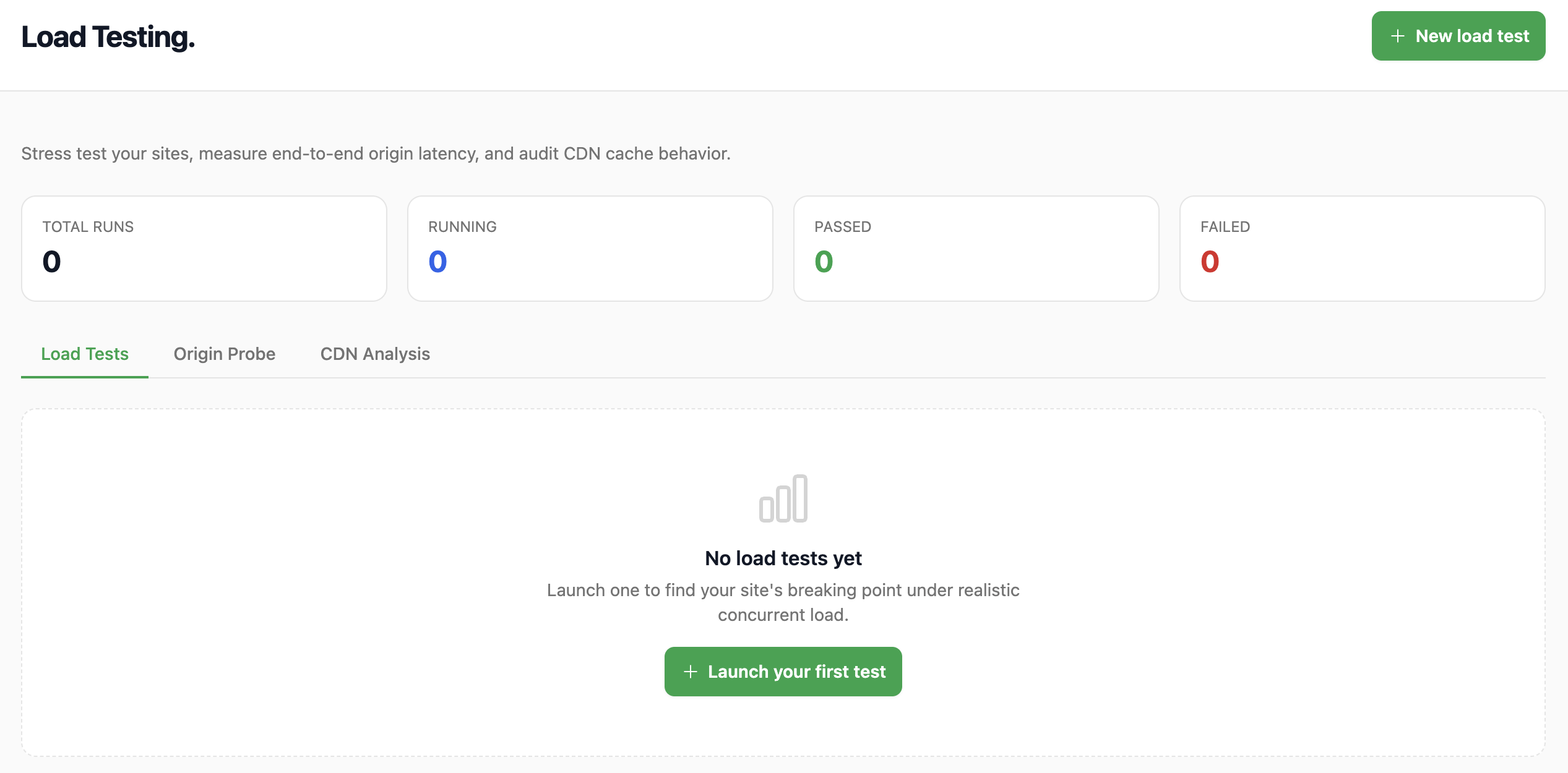 Stress testing — live RPS, p95 latency, and error rate during a ramped load run